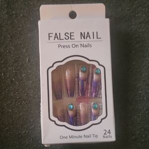 False Nail Press-On Nails with Purple Marble and Turquoise Accents